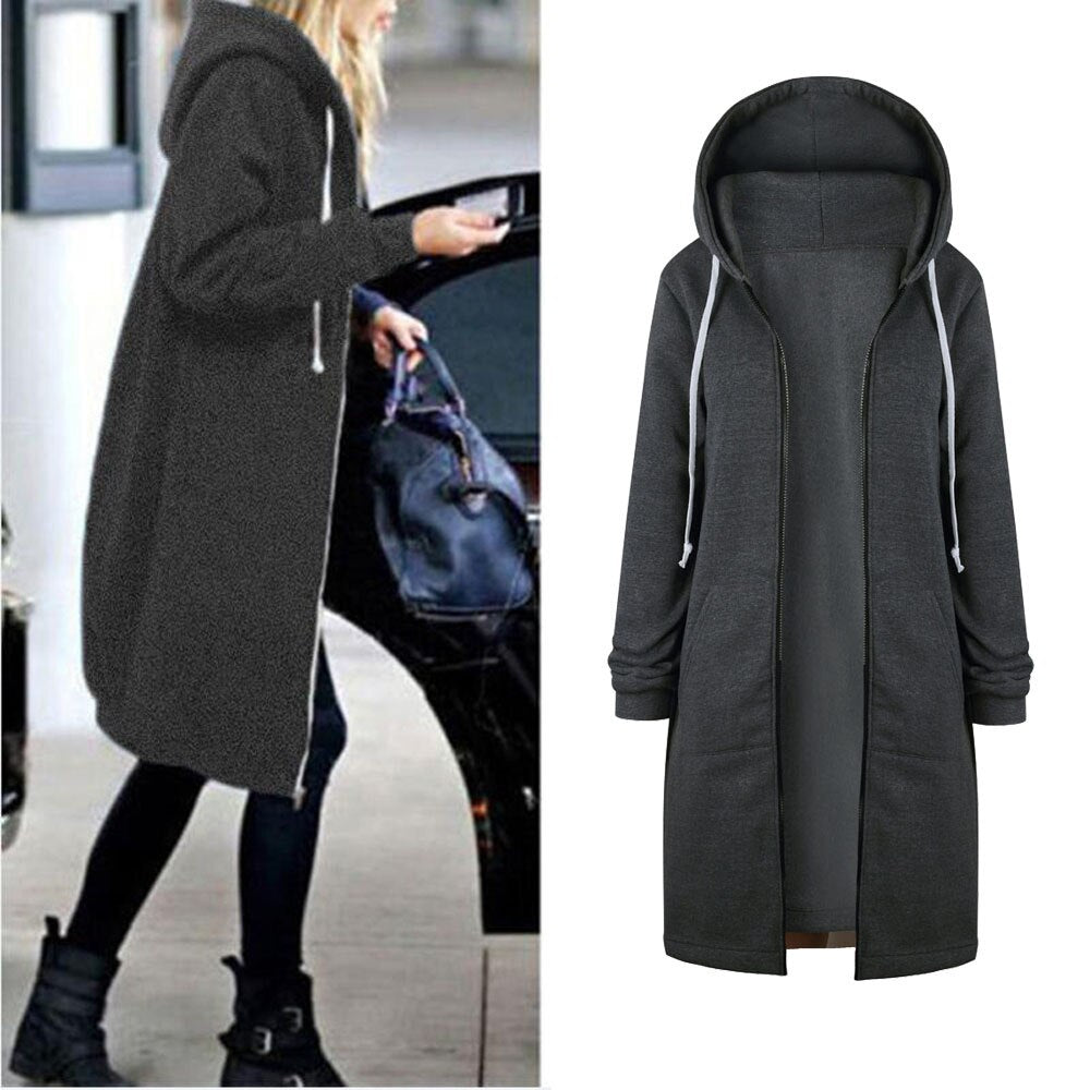 Women  Zipper Open Hoodies Sweatshirt Long Coat Jacket