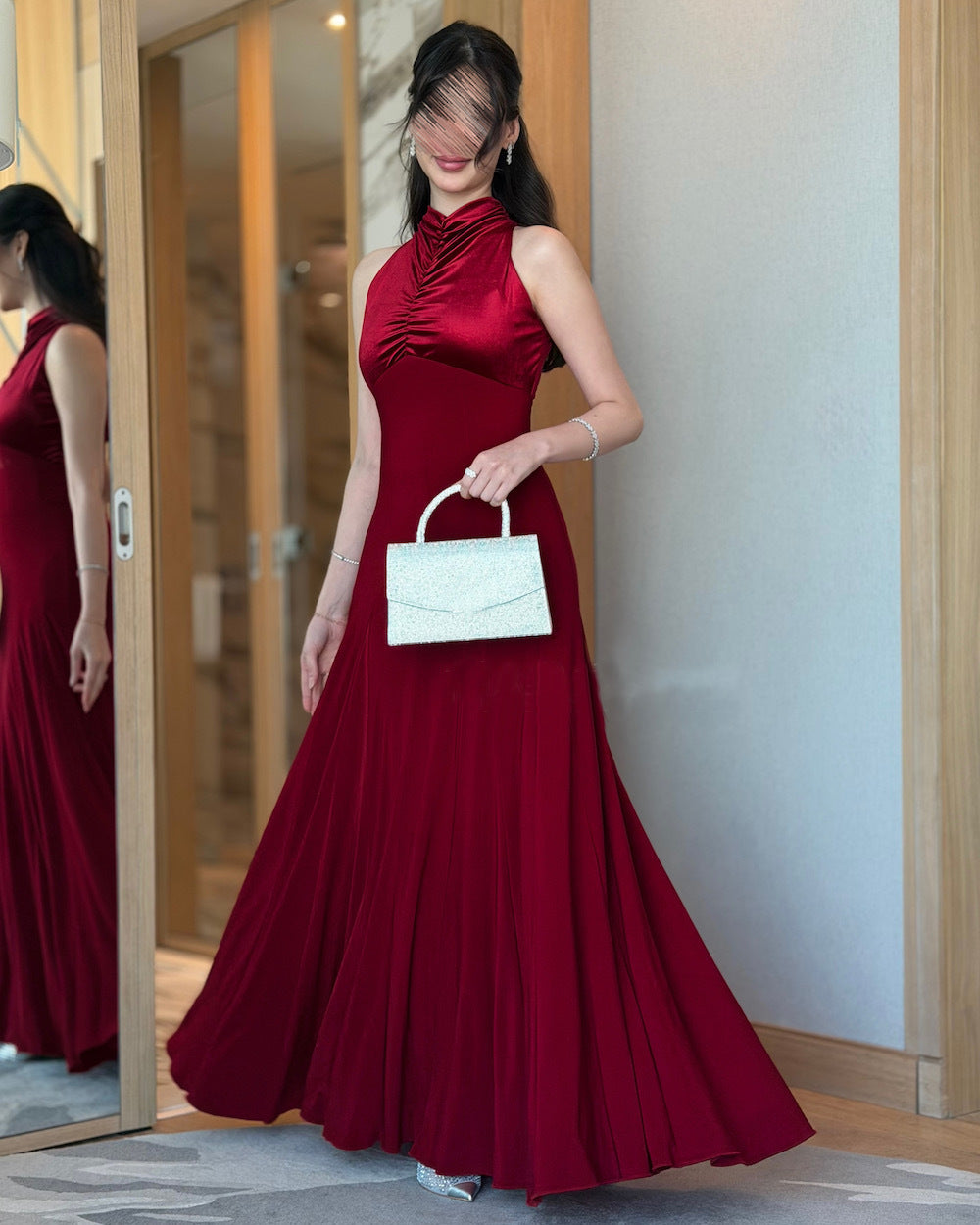 Elegant Red Satin Evening Dress. New High-End Wedding Guest Dress,