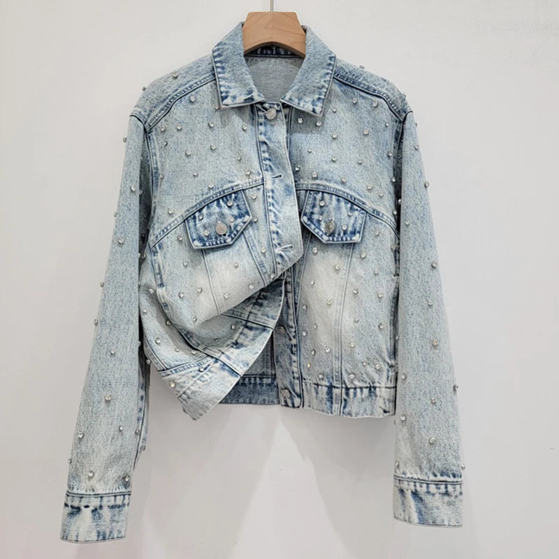Diamond Button Lapel Denim Coat High Waist A-line Skirt Set