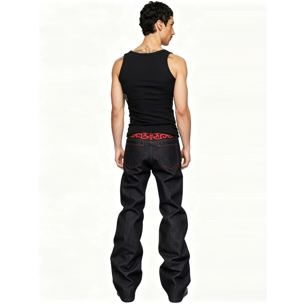Embroidered Red and Black Flared Jeans for Men