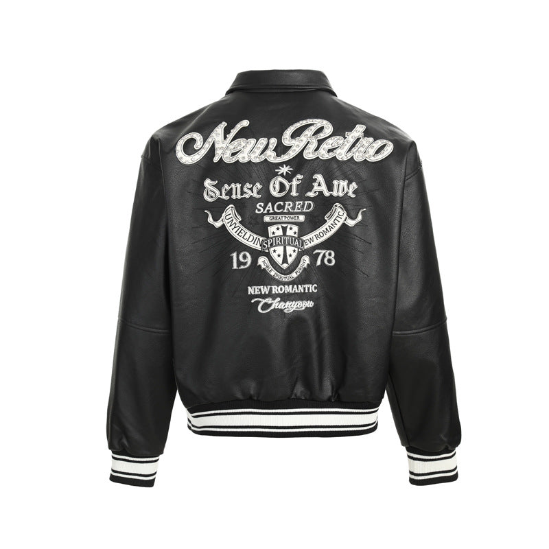 Rhinestone Embroidery  Leather Baseball Jacket for Men and Women, Loose Fit Versatile Jacket Outerwear