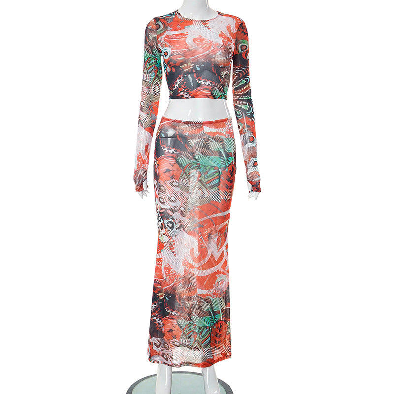 sexy mesh print see-through navel-baring long-sleeved tops and long skirt suits