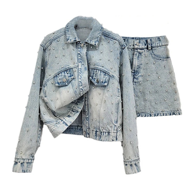 Diamond Button Lapel Denim Coat High Waist A-line Skirt Set