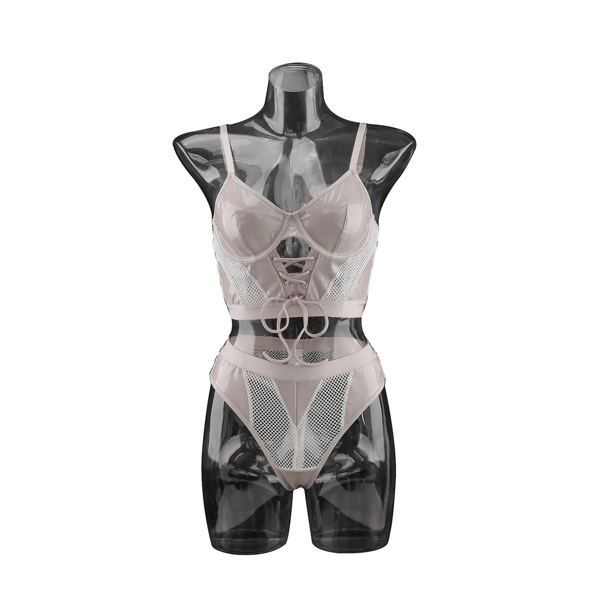 Sexy PU Mesh Splicing Sheer Bodysuit Lingerie Set