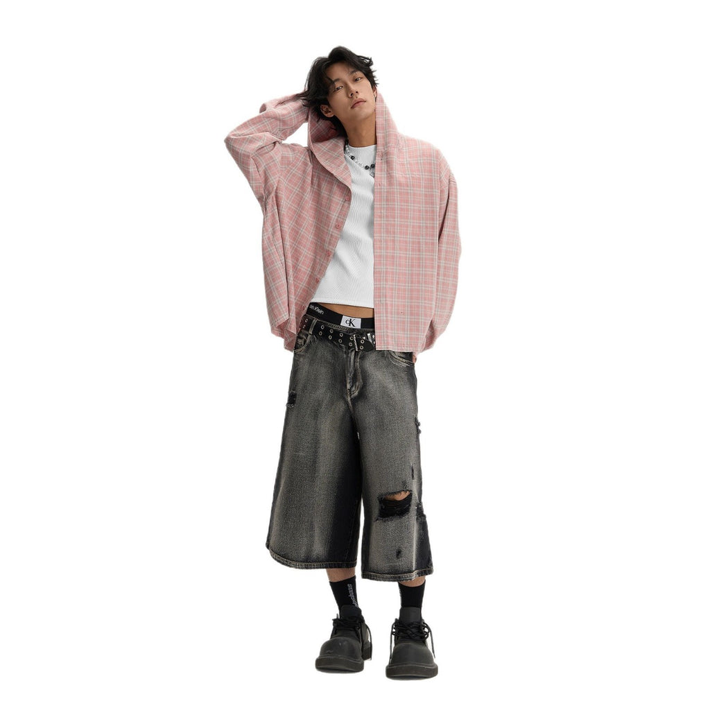 Retro ripped denim shorts for men
