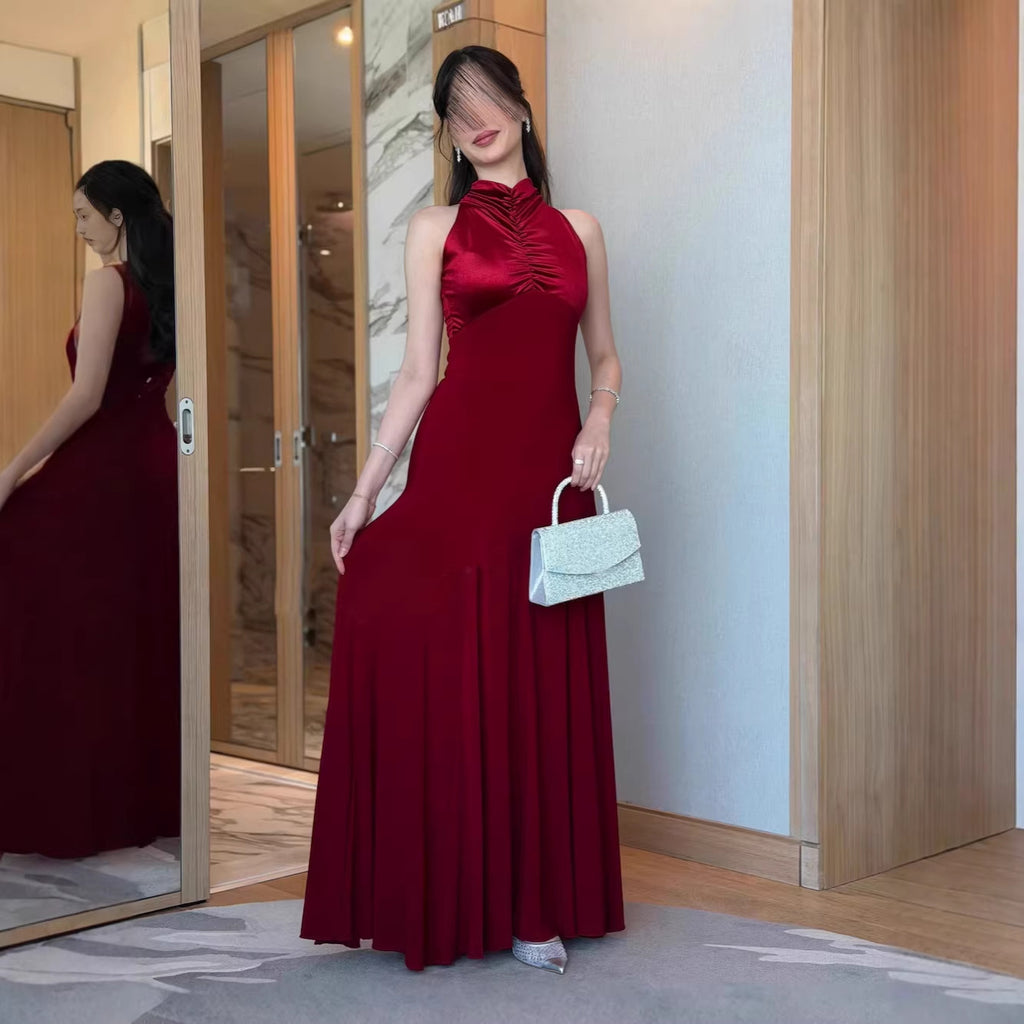 Elegant Red Satin Evening Dress. New High-End Wedding Guest Dress,