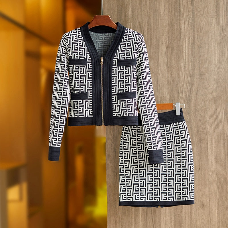 Elegant Texture Pattern Elastic Knitted Casual Women 2 Pieces Skirt Sets Sweater Jacket Suits