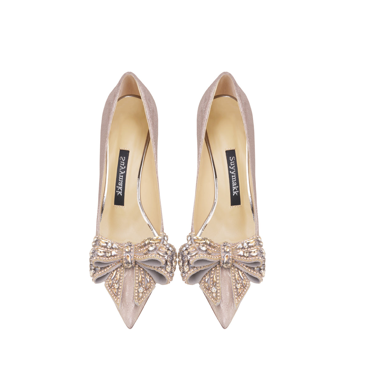 Leather Rhinestone Golden Bowknot High Heel Shoes