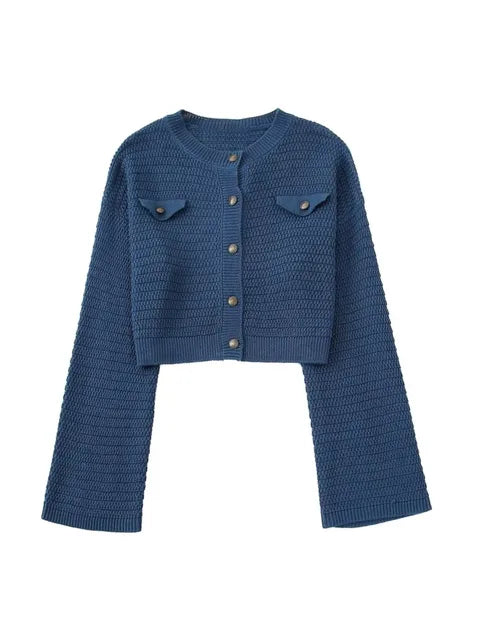 Metal Buttons Long Sleeve Sweater Cardigan Crop Top Female Shorts 2 Piece Sets New