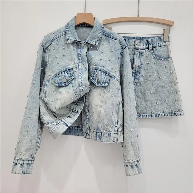 Diamond Button Lapel Denim Coat High Waist A-line Skirt Set