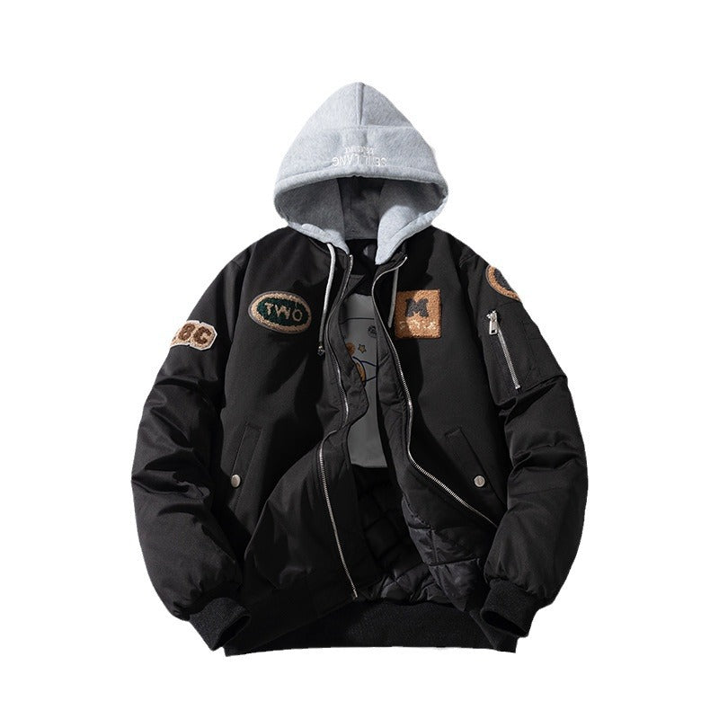 Women Towel Fleece Embroidery Padded Hooded Thick Flight Jacket