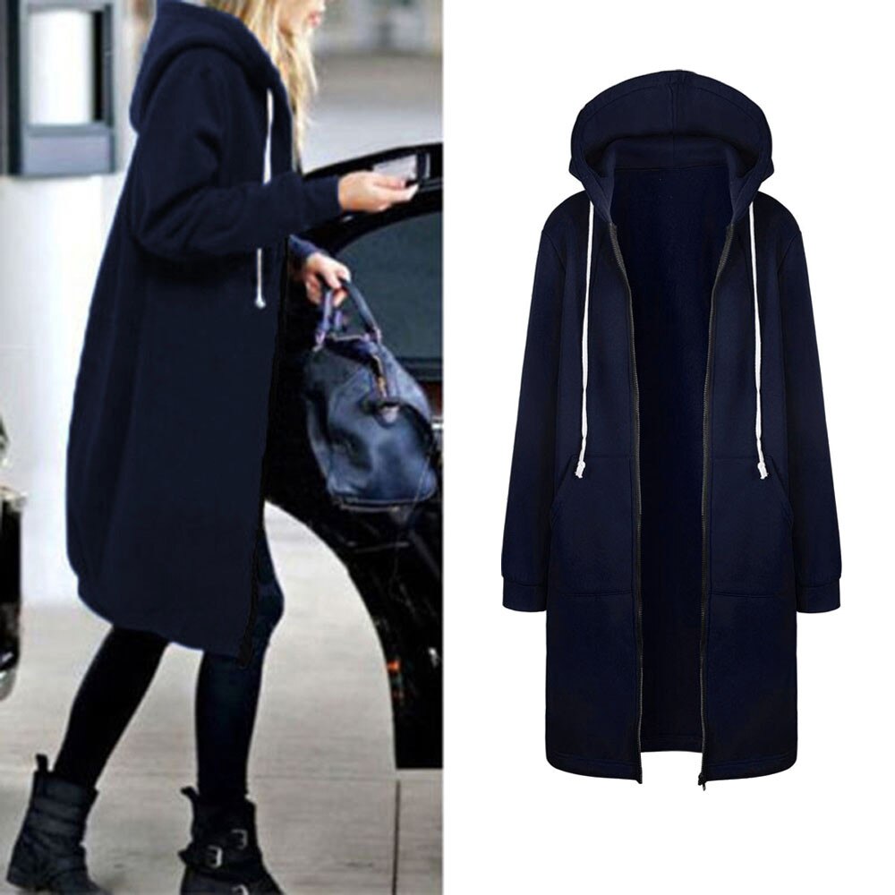 Women  Zipper Open Hoodies Sweatshirt Long Coat Jacket