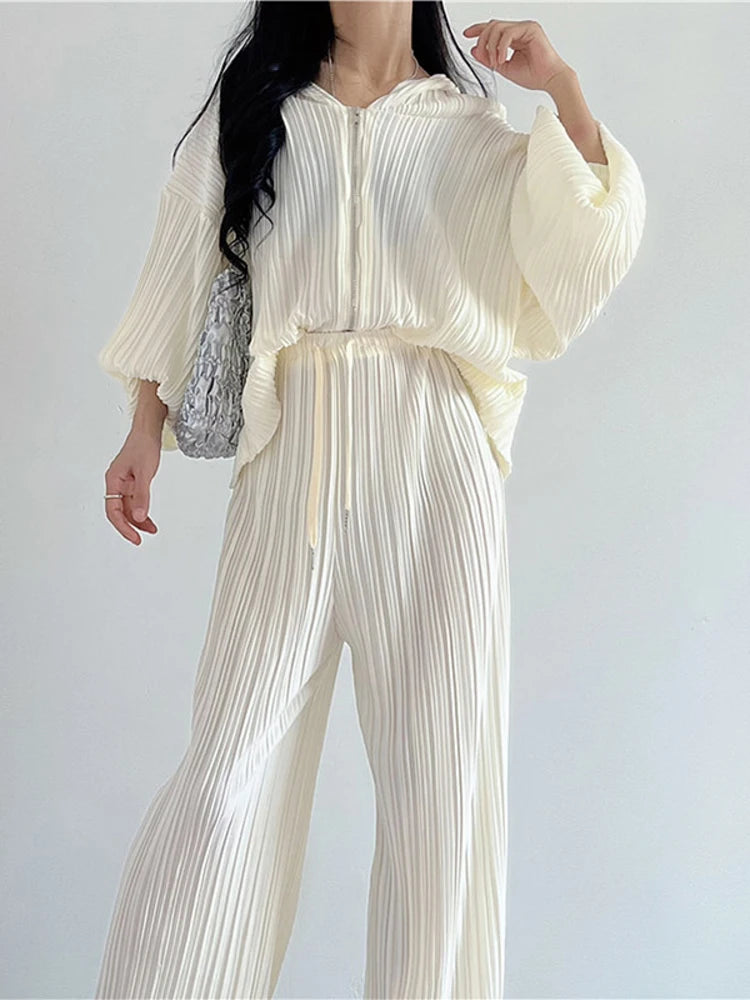 Pleated Two-piece Suits For Women V-neck Hooded Long Sleeve Jacket+High Waist Wide Leg Pants  New Tide Set
