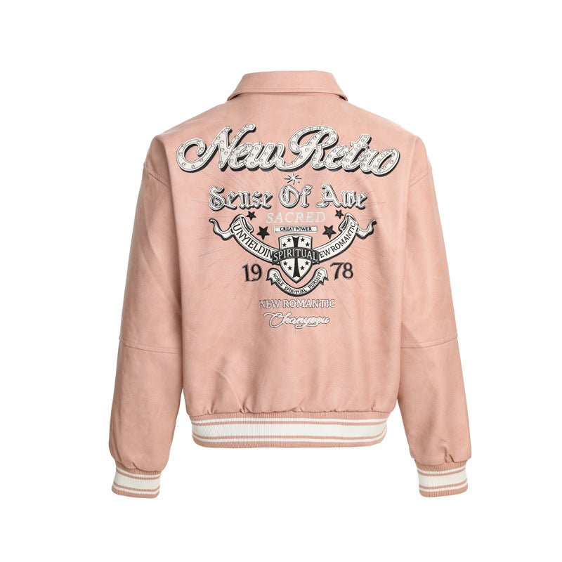 Rhinestone Embroidery  Leather Baseball Jacket for Men and Women, Loose Fit Versatile Jacket Outerwear