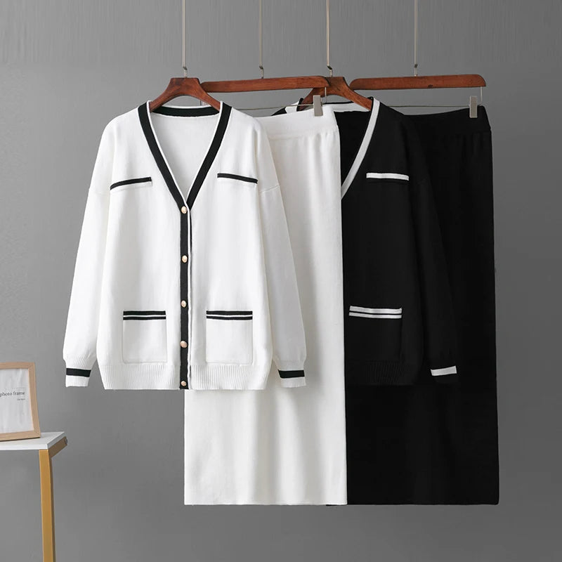 Knitted Skirt Sets, Pockets Cardigan V-Neck Sweaters Skirts Suits