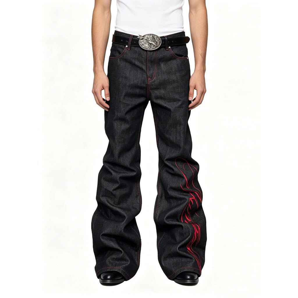 Embroidered Red and Black Flared Jeans for Men