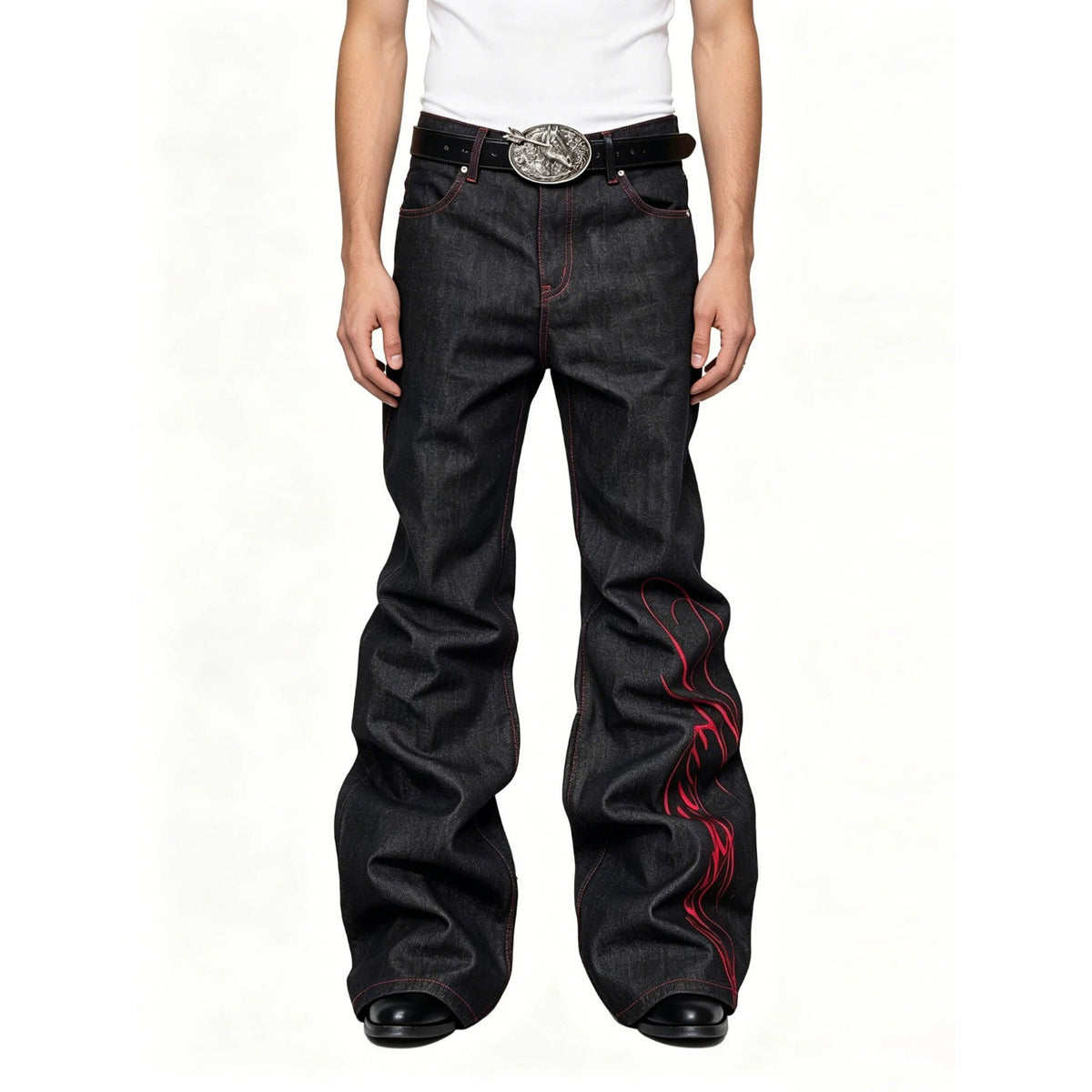 Embroidered Red and Black Flared Jeans for Men