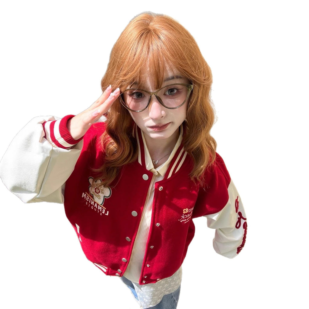 Red Embroidered Baseball Jacket for Women