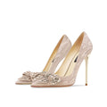 Leather Rhinestone Golden Bowknot High Heel Shoes