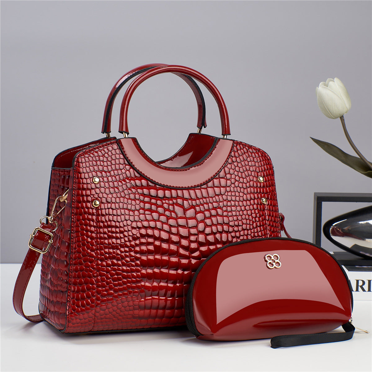 Snake patterned mother and child bag shiny leather  bag