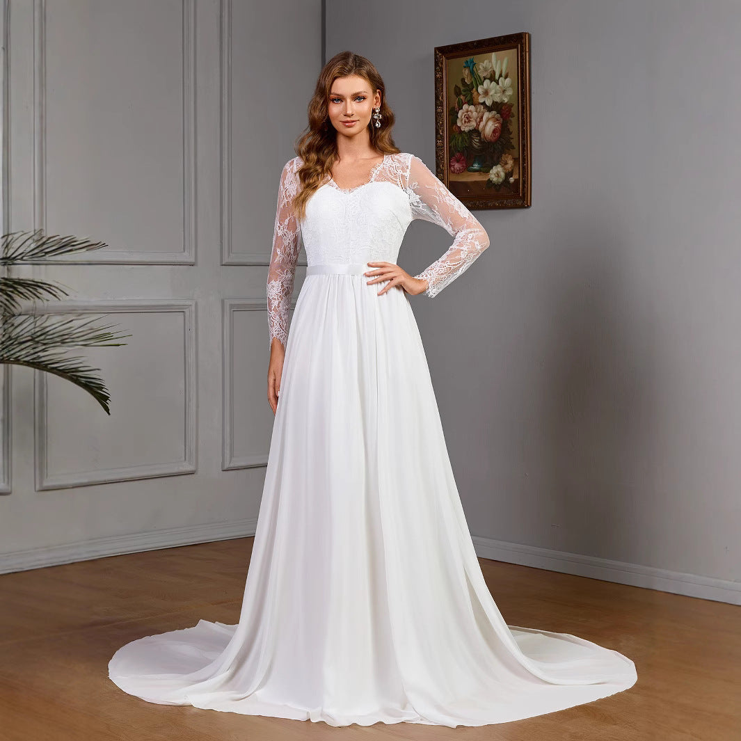 Lace long sleeve wedding bridal dress with built-in bra