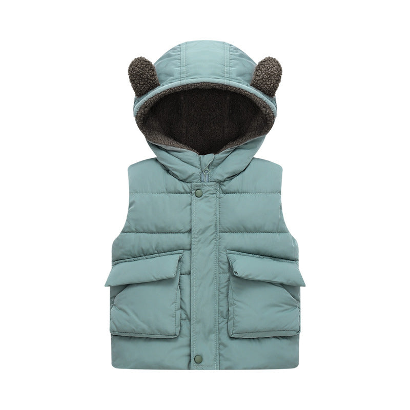 Fleece-Lined , Solid Color Hooded Kids Sleeveless Vest