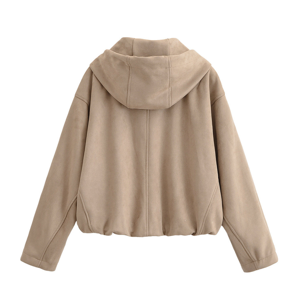 Hooded solid color zipper baseball jacket for women