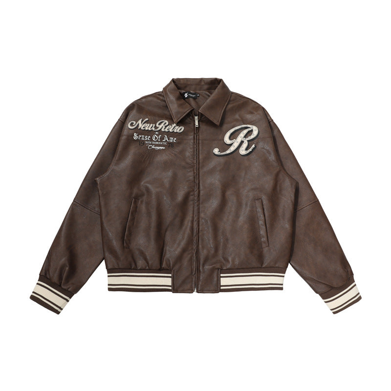Rhinestone Embroidery  Leather Baseball Jacket for Men and Women, Loose Fit Versatile Jacket Outerwear