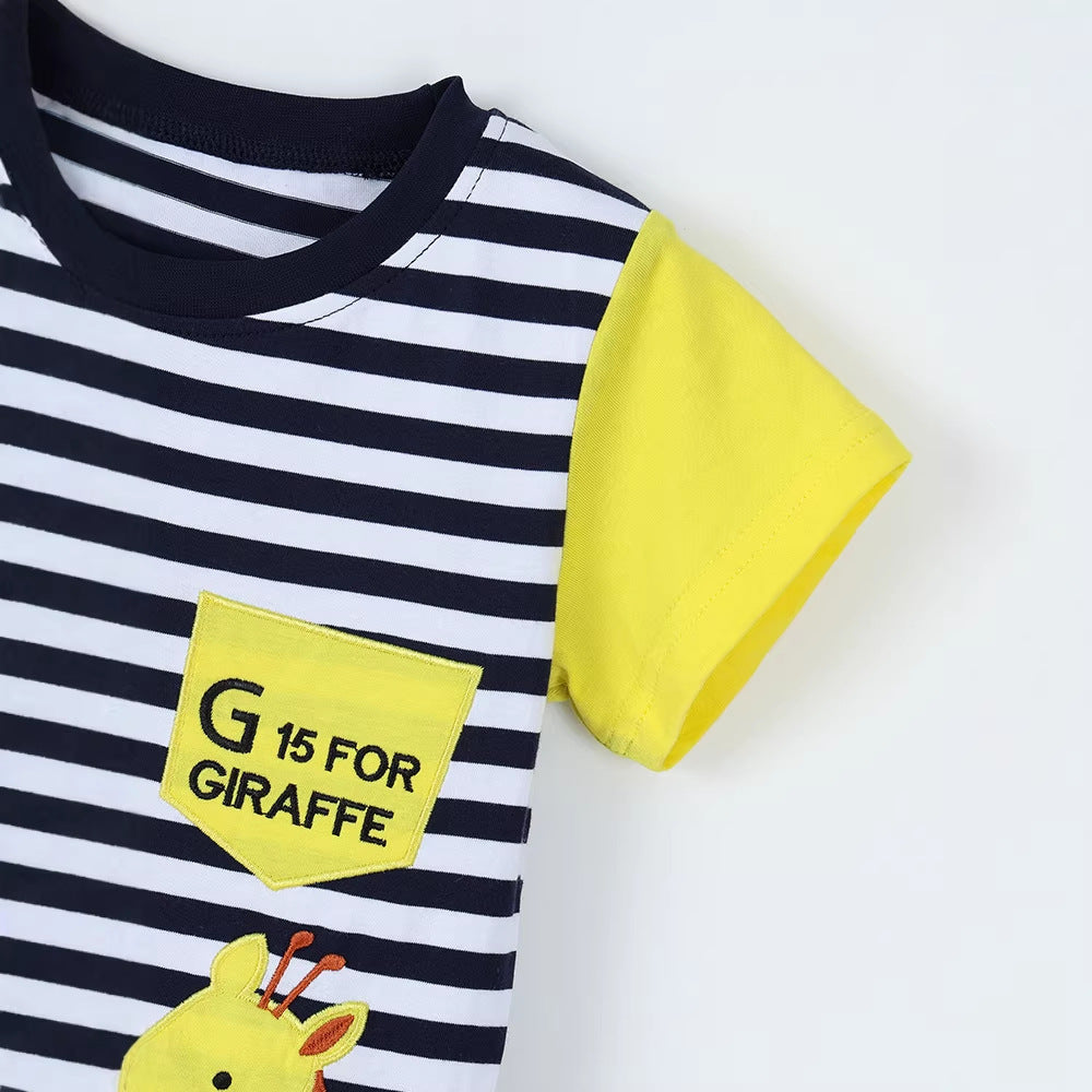 Giraffe Embroidery Kids Round Neck T-Shirt