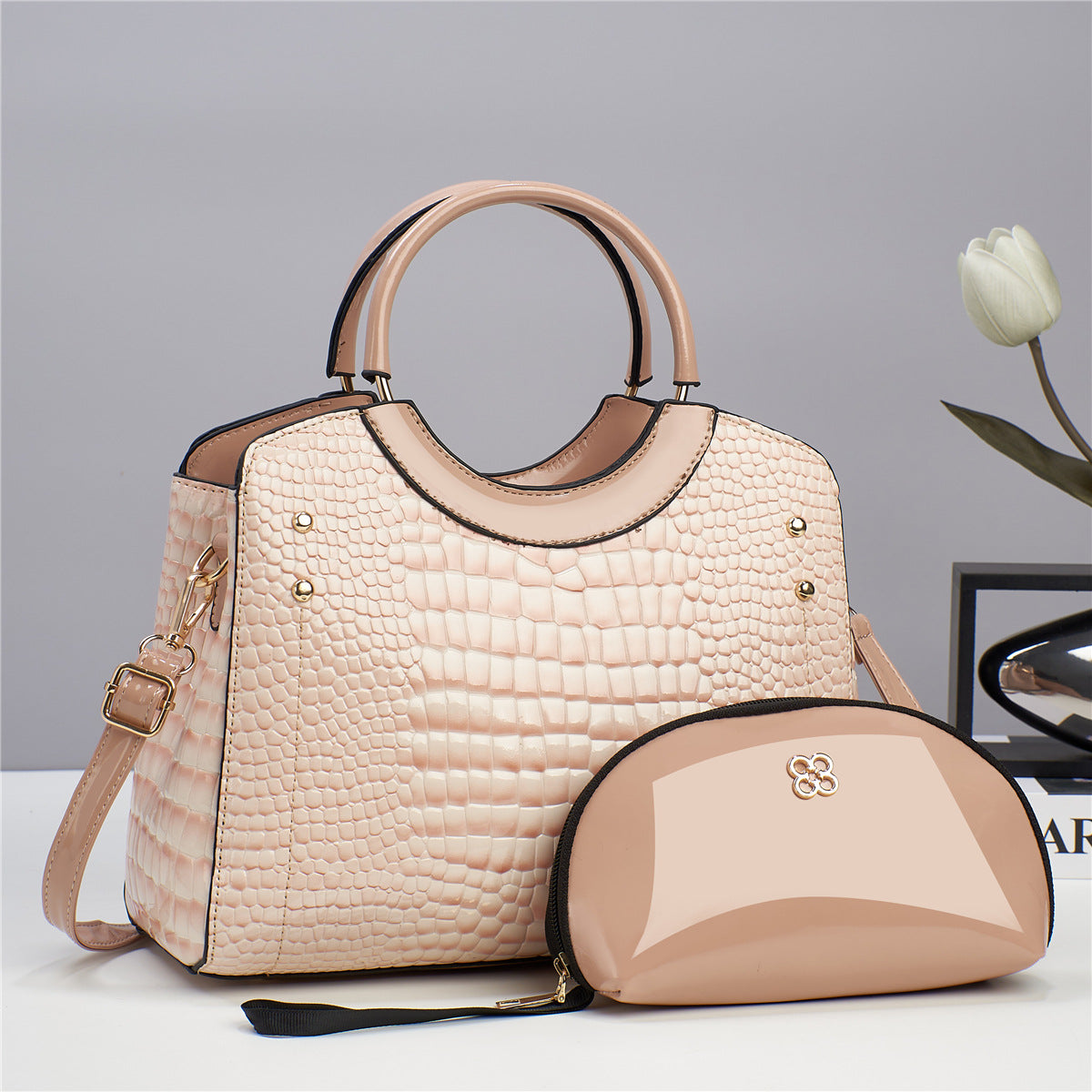 Snake patterned mother and child bag shiny leather  bag