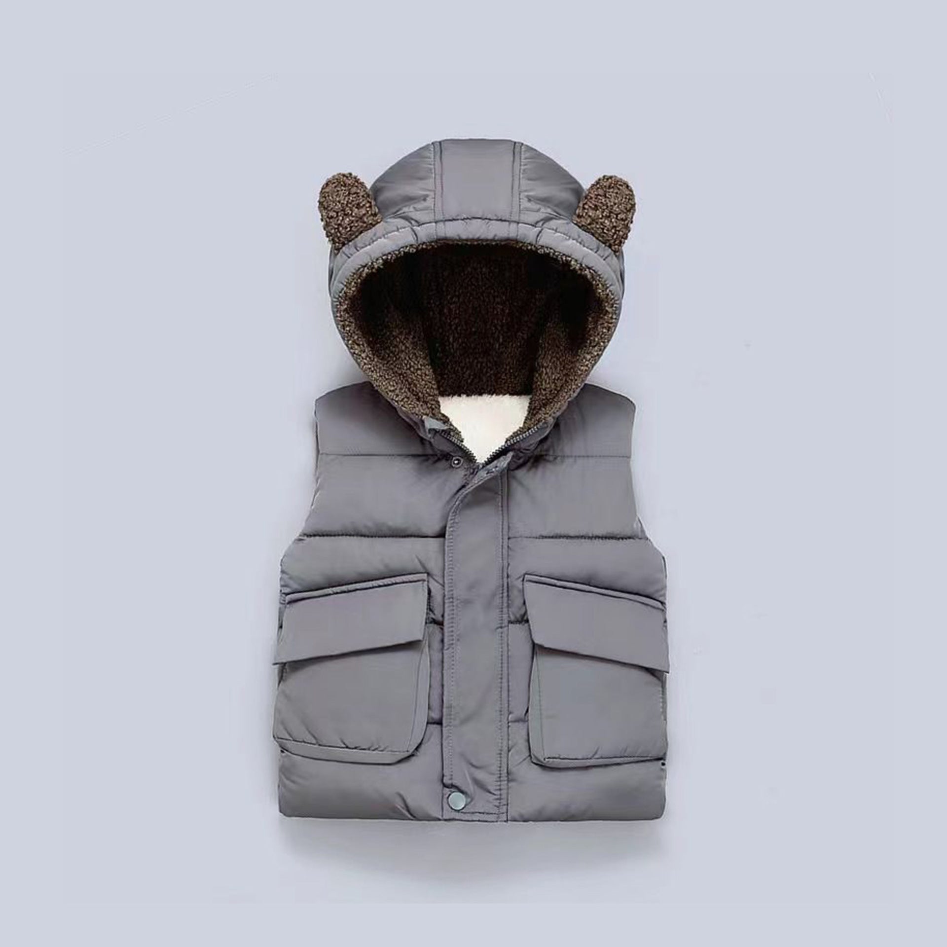 Fleece-Lined , Solid Color Hooded Kids Sleeveless Vest