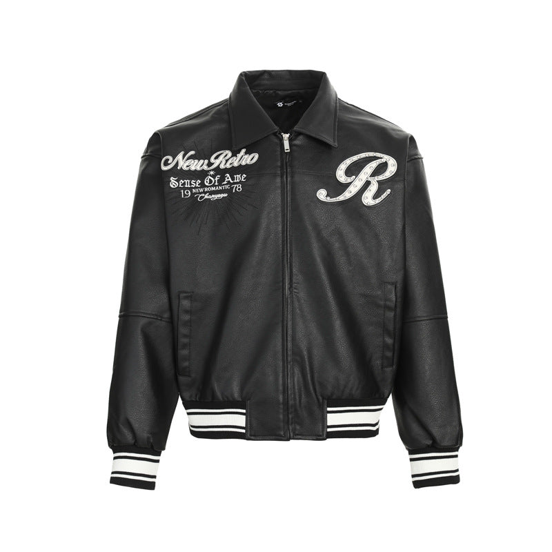 Rhinestone Embroidery  Leather Baseball Jacket for Men and Women, Loose Fit Versatile Jacket Outerwear