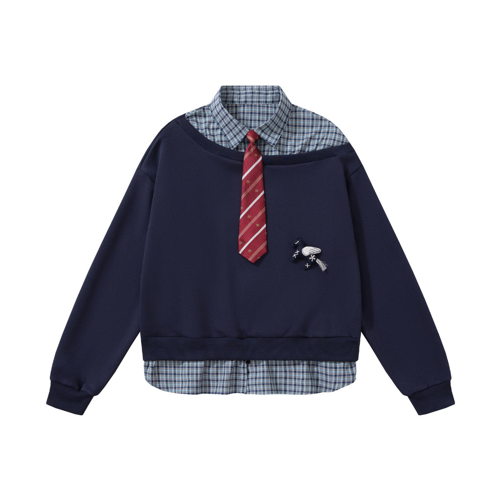 Retro  embroidery fake two hoodies for women