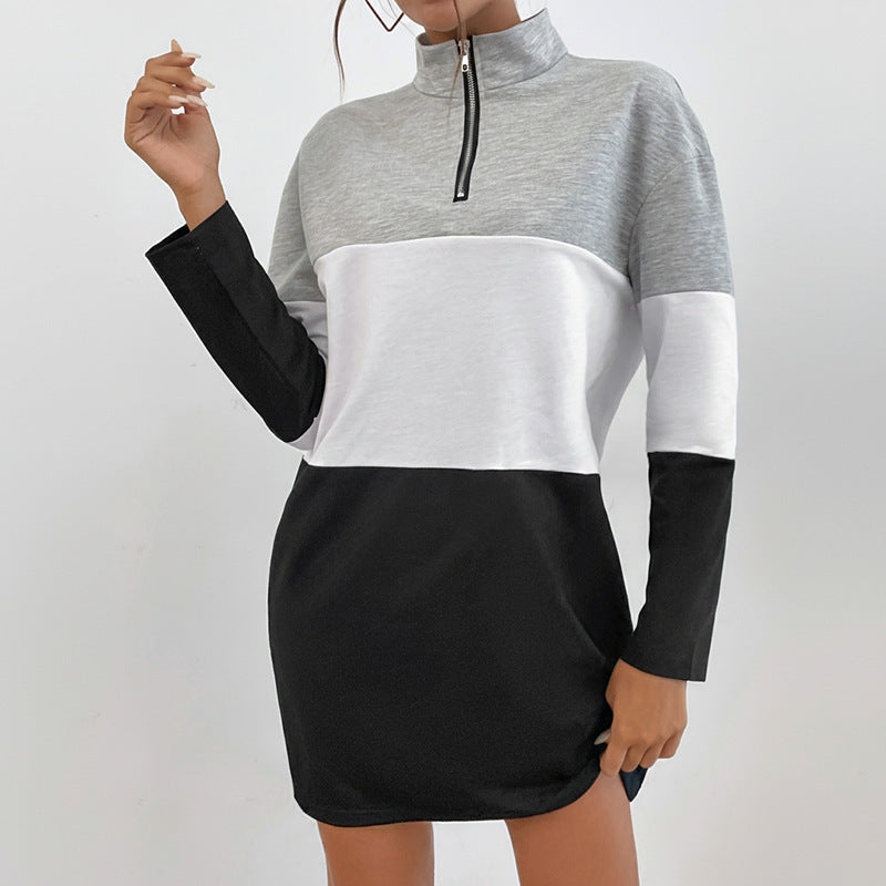 Color Block Zip Front Stand Collar Women's Sweatshirt Dress