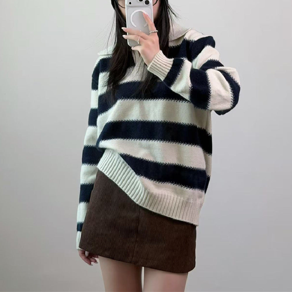 Loose collar contrasting striped pullover sweater for women
