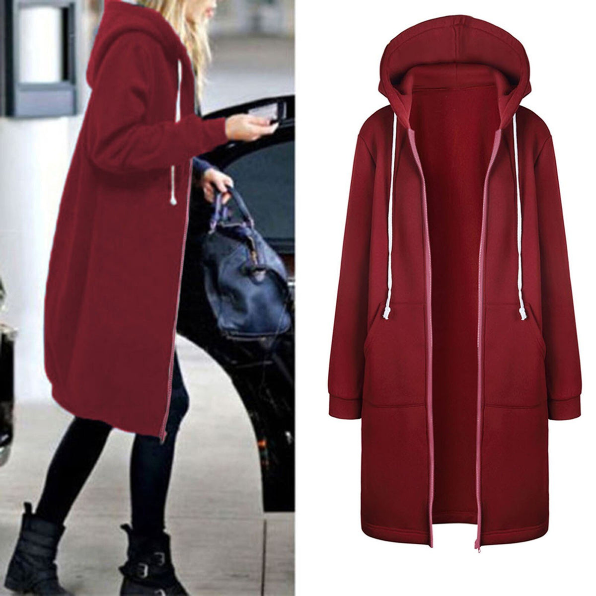 Women  Zipper Open Hoodies Sweatshirt Long Coat Jacket