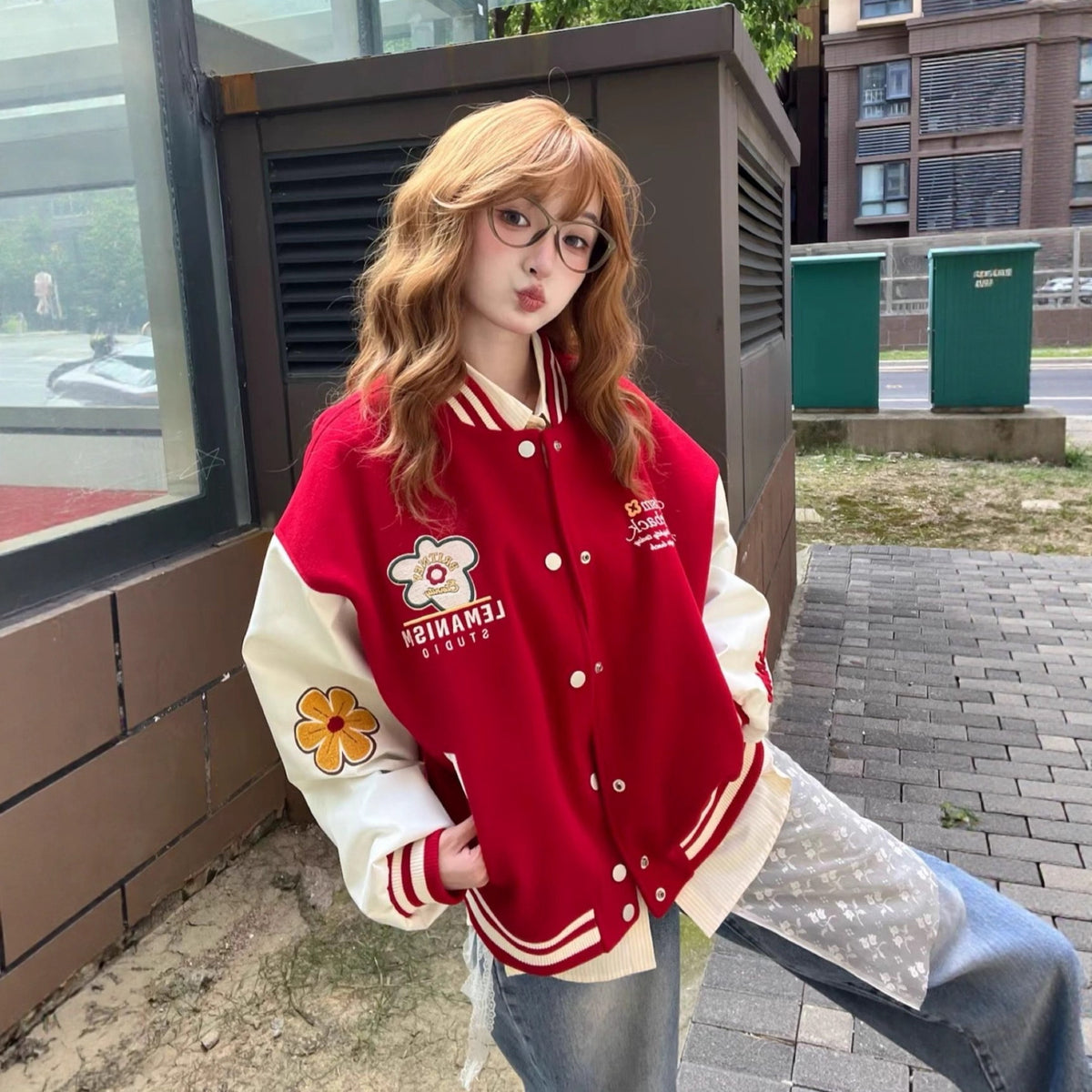 Red Embroidered Baseball Jacket for Women