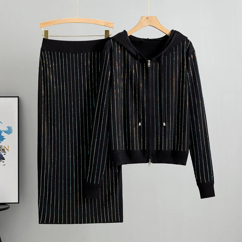 Knitted Cardigan High Waisted Buttocks Wrapped  Skirt 2 Piece Suits