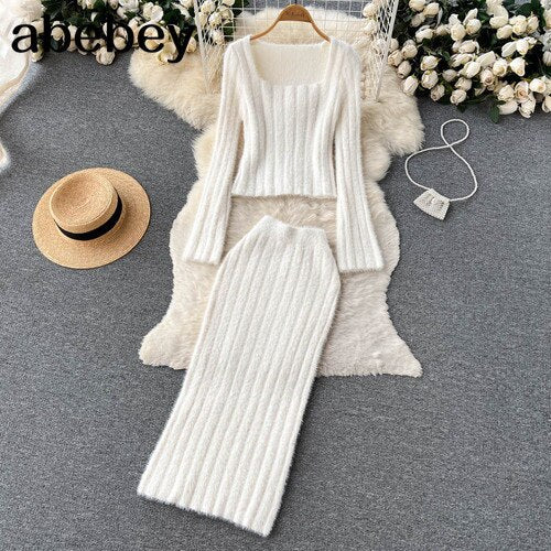 Knitted Two Pieces Suits Soft Sweater Short Top+High Waist Midi Long Skirt Suits