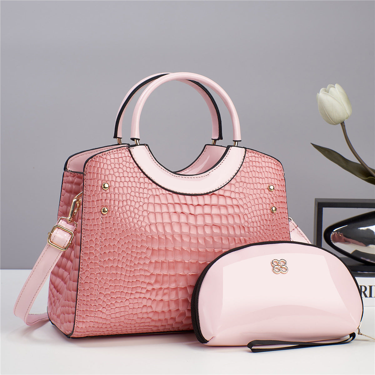 Snake patterned mother and child bag shiny leather  bag