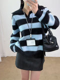 Loose collar contrasting striped pullover sweater for women