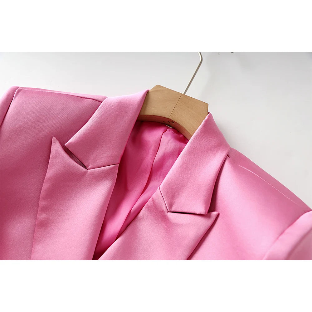 Pink Satin 3PCS Blazer Sets Elegant Mini Skirt Stunning, Top Quality