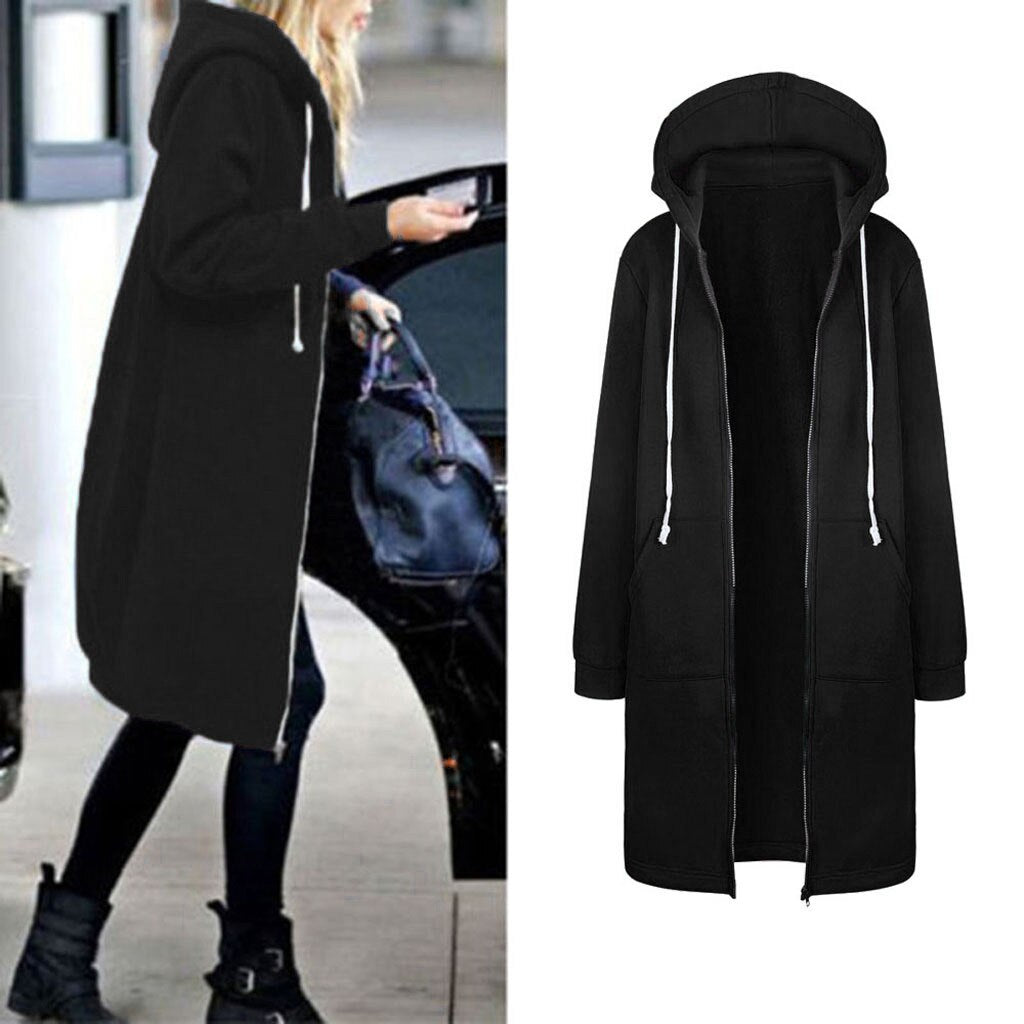 Women  Zipper Open Hoodies Sweatshirt Long Coat Jacket