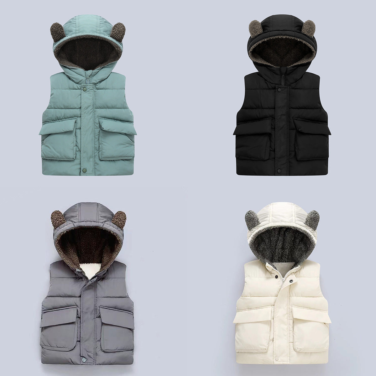 Fleece-Lined , Solid Color Hooded Kids Sleeveless Vest