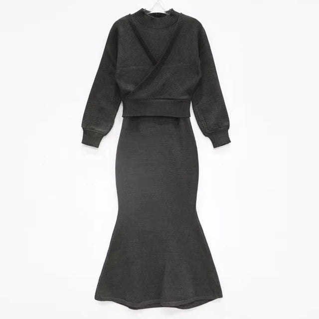 Knited 2 Piece Sets Cross V-neck Sweater+ Knitted Hip Tank Dress