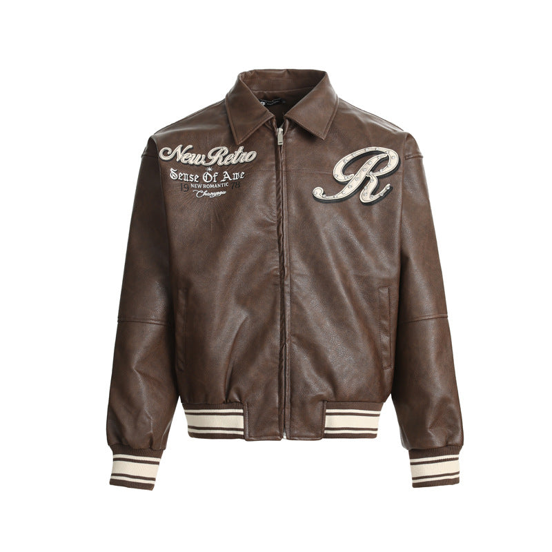 Rhinestone Embroidery  Leather Baseball Jacket for Men and Women, Loose Fit Versatile Jacket Outerwear