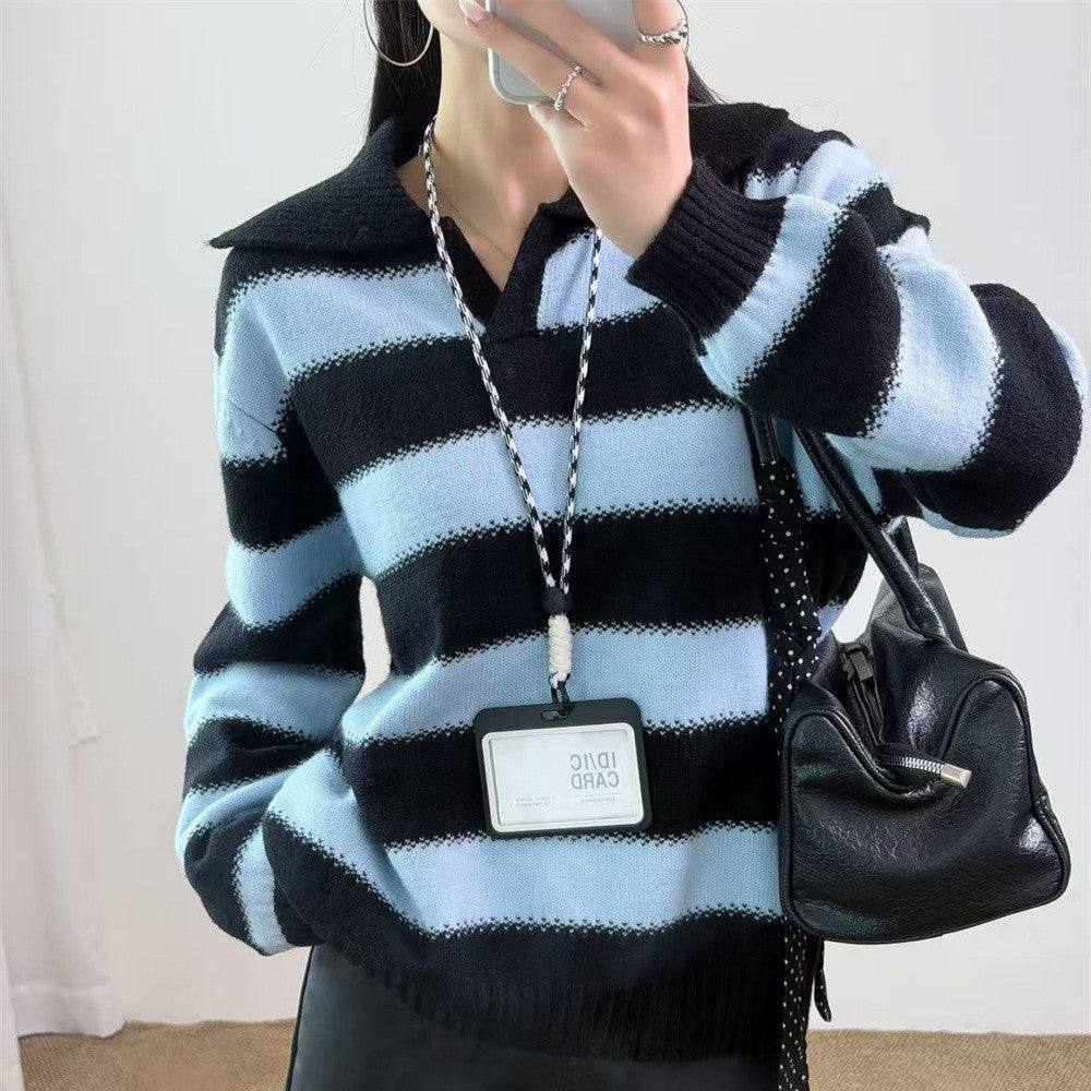 Loose collar contrasting striped pullover sweater for women