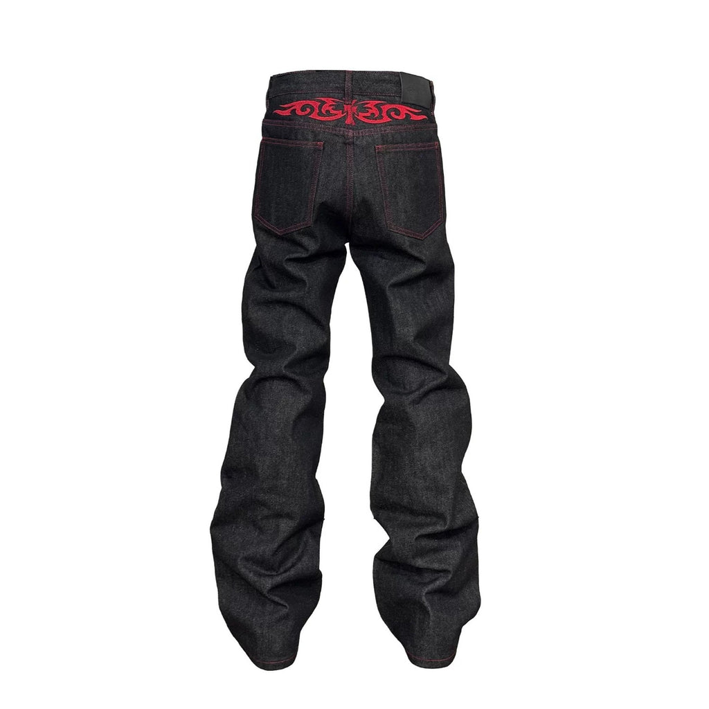Embroidered Red and Black Flared Jeans for Men