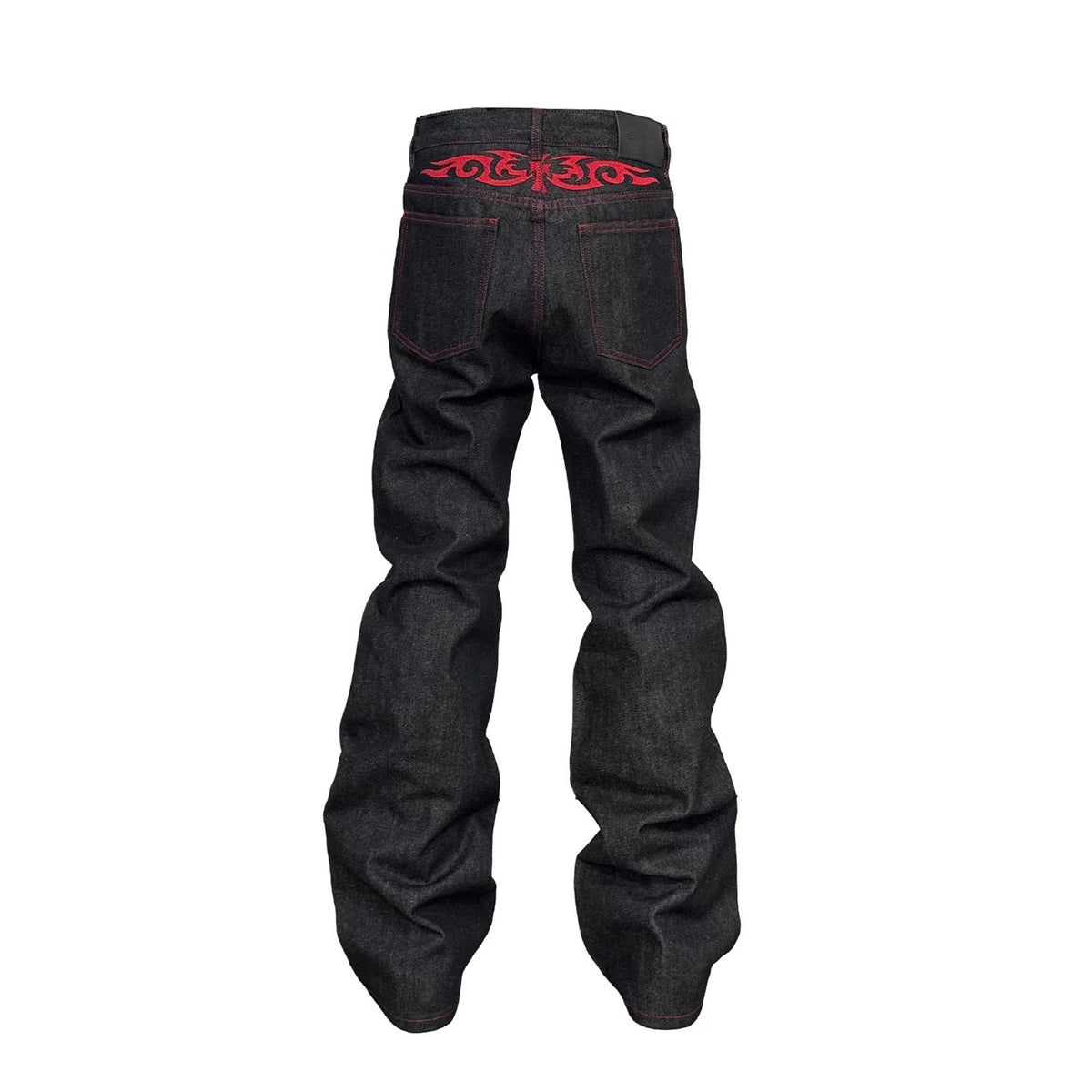 Embroidered Red and Black Flared Jeans for Men
