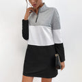 Color Block Zip Front Stand Collar Women's Sweatshirt Dress